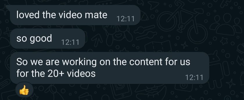 Chat messages: loved the video mate, so good. So we are working on the content for us for the 20+ videos